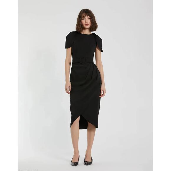 NWT Mac Duggal Black Crepe Belted Tulip Sleeve Midi Dress 8 Quiet Luxury Career - Picture 1 of 13